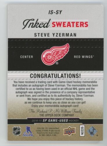 2014-15 SP GAME USED Steve Yzerman INKED SWEATERS PATCH AUTO /10 - Picture 2 of 2