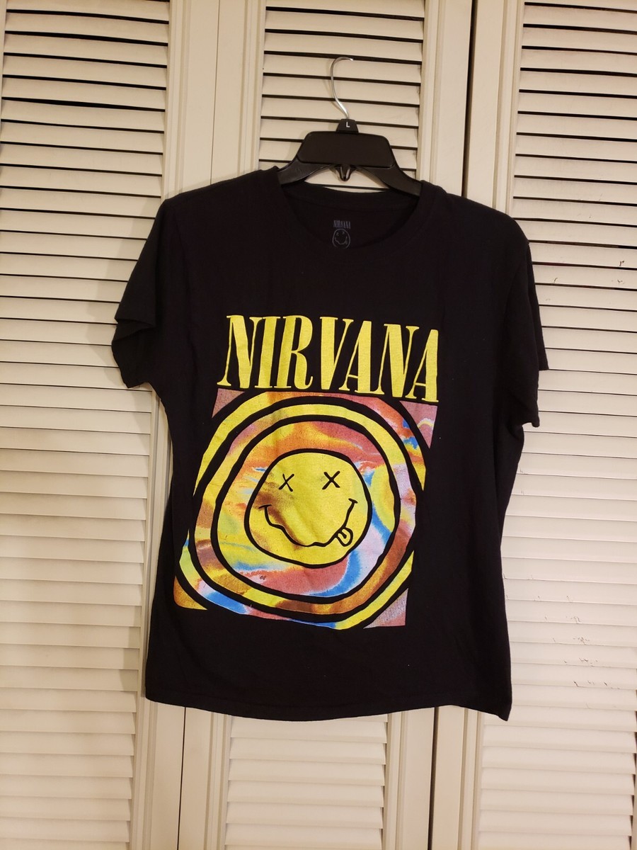 Nirvana T-Shirt Size Womens S Black Tie-Dye Logo Smiley Face Logo