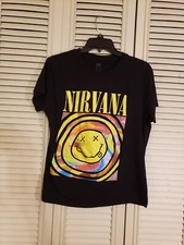 Nirvana T-Shirt Size Womens S Black Tie-Dye Logo Smiley Face Logo Grunge Rock
