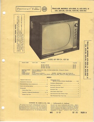 1957 TRAV-LER 621-300 TELEVISION Tv Photofact MANUAL 302 300U 302U 631-36 632-56