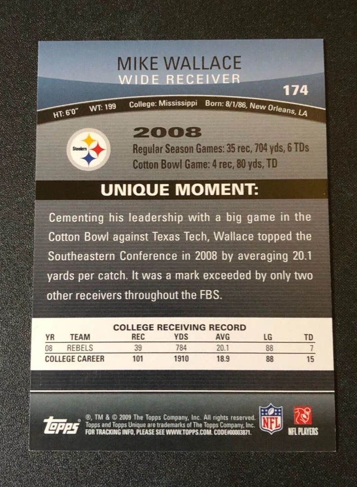 2009 Topps Unique MIKE WALLACE #174 Bronze Insert/99 STEELERS 🏈 Ole Miss REBELS - Image 2 of 2