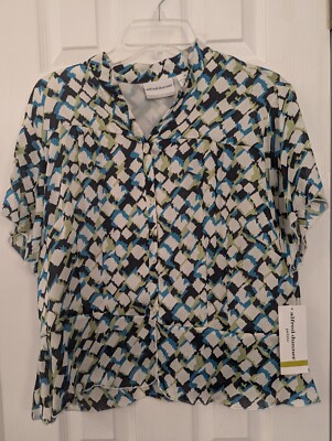 Alfred Dunner Petite Multicolor Geo Button Front Peplum Short Sleeve Top Sz 14P