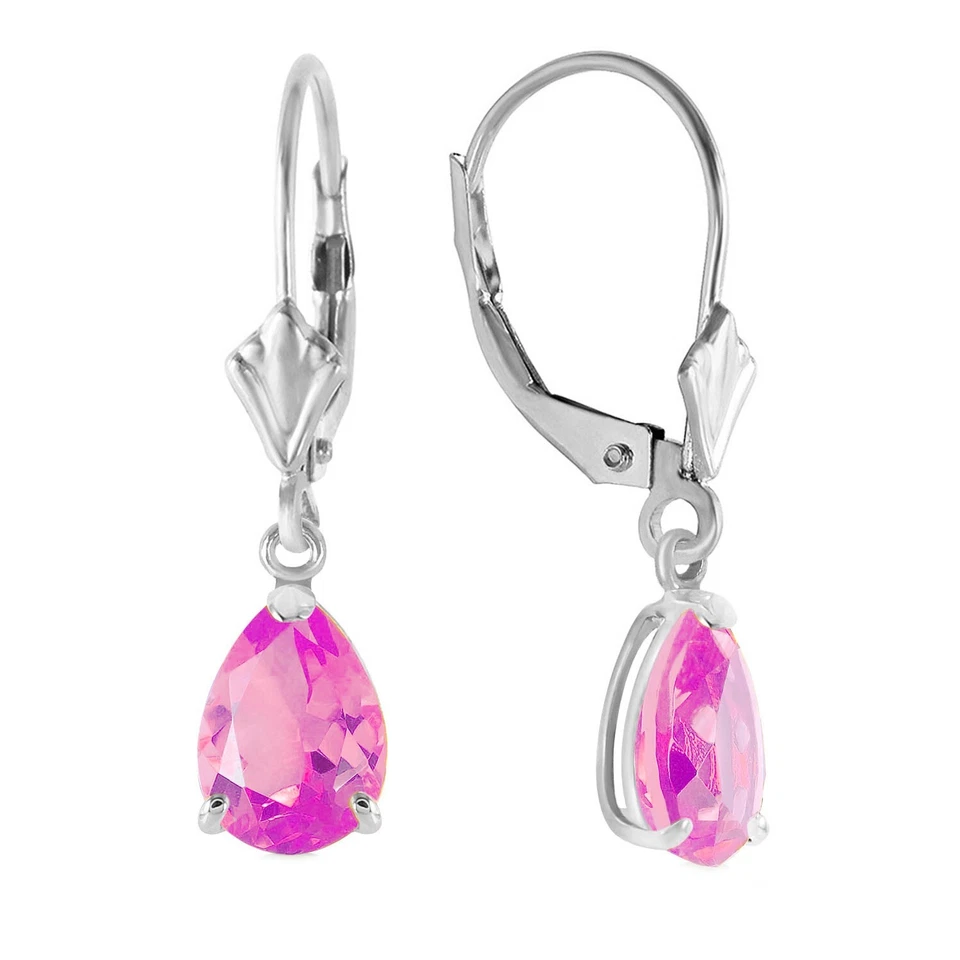 14K. PENDIENTE DE PALANCA DE ORO MACIZO CON TOPACIO ROSA (Oro Blanco) Foto 2 de 4