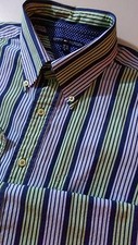 Tommy Hilfiger Dress Shirt Size L 16.5 / 32-33 Blue  Green Stripes EUC