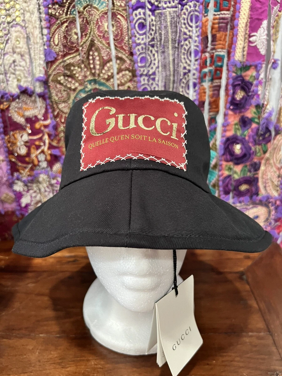 Authentic Gucci Logo Patch La Saison Cotton Bucket Hat Black size M 58 Cm  NWT