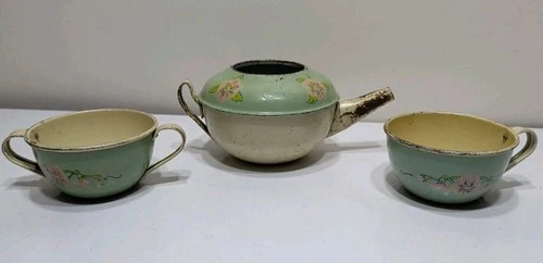 ✨VINTAGE✨ 1930's Tin Ohio Art Tea Set 3 pc Floral Pattern Pre-war Childs Tea Set