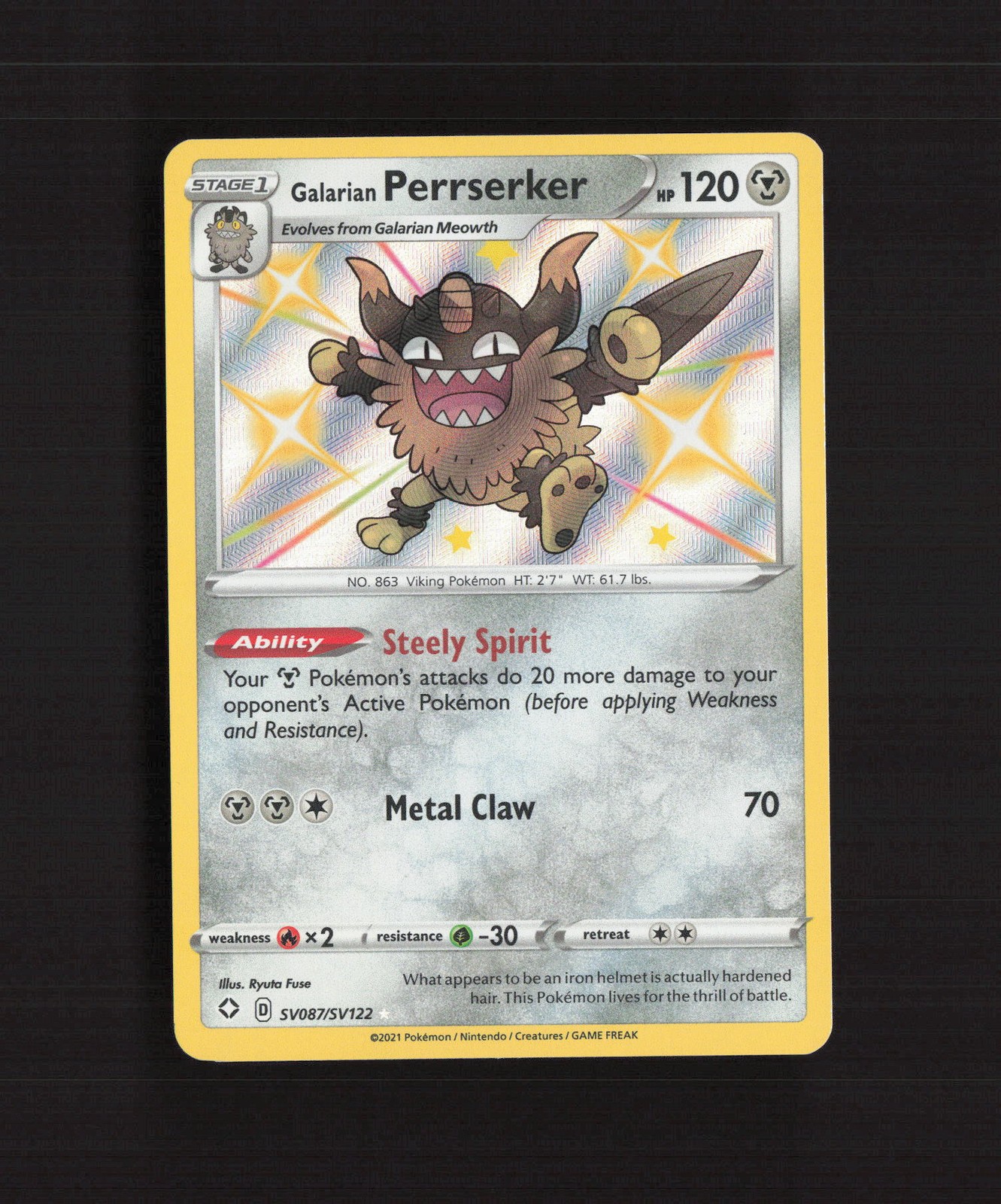Galarian Perrserker SV087/SV122 Shining Fates Shiny Holo Rare Pokemon Card NM