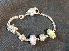 Trollbeads LAA 925 Sterling Silver Foxtail Bracelet 5 Beads/Charms Flower Clasp
