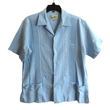 YUN-HA Guayabera MEXICAN CUBAN WEDDING SHIRT Button-Up Blue Embroidery Camp L-40