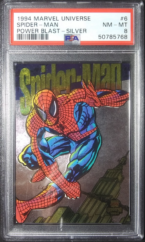 1994 Fleer Marvel Universe V Power Blast Retail Silver Foil #6 Spider-Man PSA 8