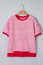 Red Stripe Drop Shoulder Half Sleeve T Shirt