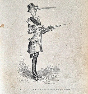 Alte Holzstich-Grafik, J. J. Grandville 1842, Orig-Druck, Storch als Arzt/Satire