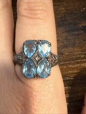 Vintage Sterling Ring, 4, 7 X 5mm Blue Topaz, 1mm CZ, Size 9, Marked 925