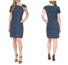 Michael Kors Blue Green Zebra Print Sheath Dress Asymmetrical Neck O-Ring Sz M