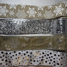 Christmas Wired Ribbon Burlap White Silver Sparkly Snowflakes 20 yards total
