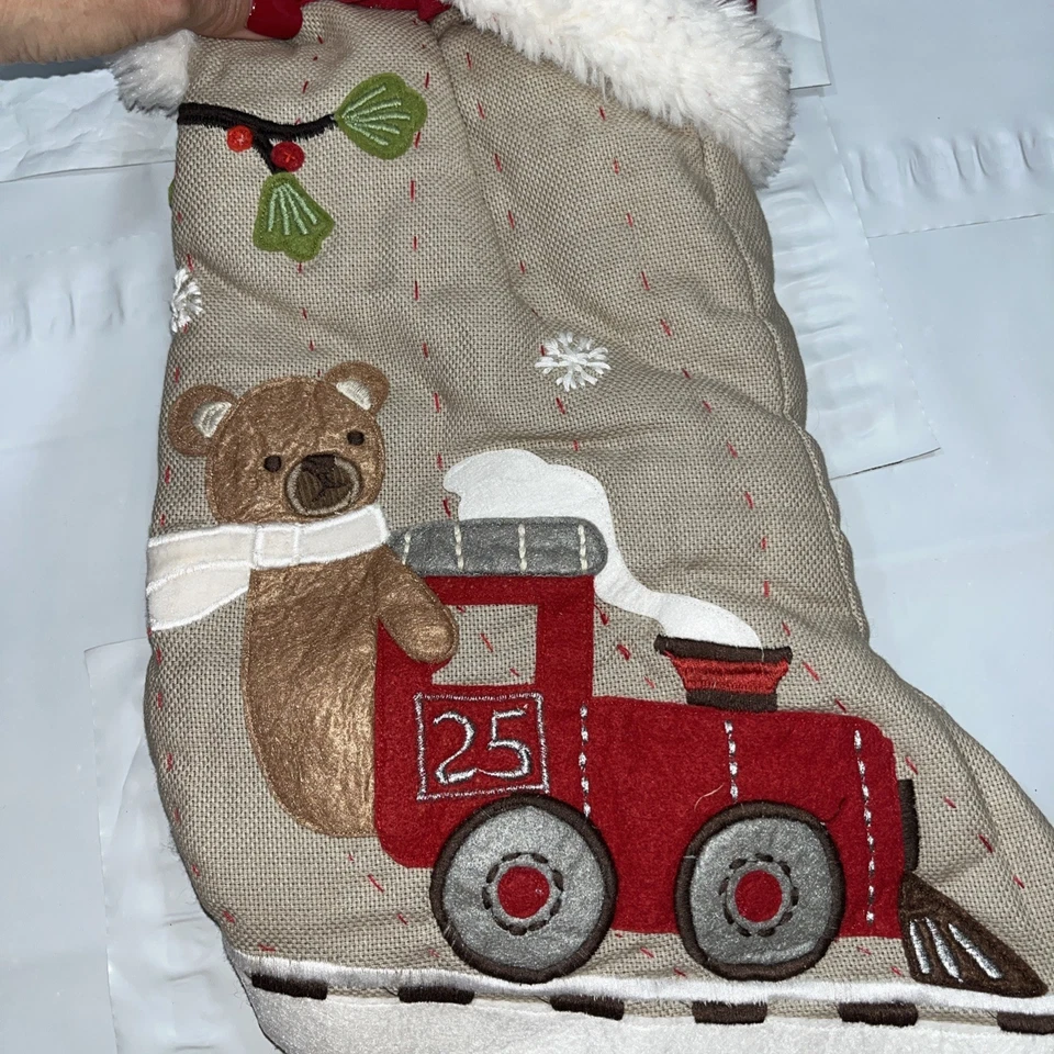 "Medias de Navidad Pottery Barn Tyler Bronceado OSO Rojo Tren Blanco Piel Borde Nieve 20""" Foto 3 de 4