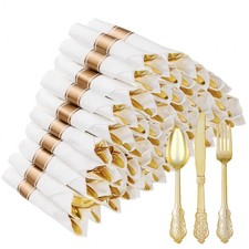 50 Pack Gold Plastic Silverware with Pre Rolled Napkins for 50 Guests, Heavyw...