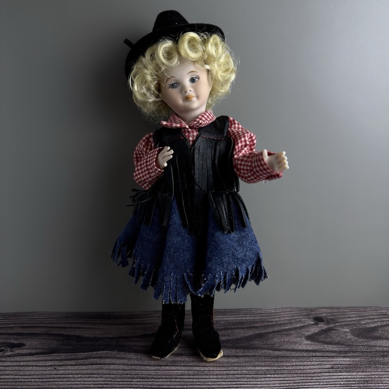 Vintage Western Cowgirl Porcelain Doll – Fragile, Handmade Outfit, 12”