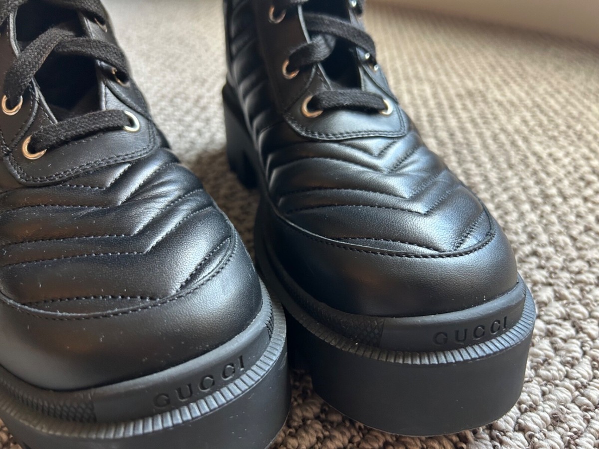 GUCCI Women's GG Black Leather Platform Combat Moto Boot Snake