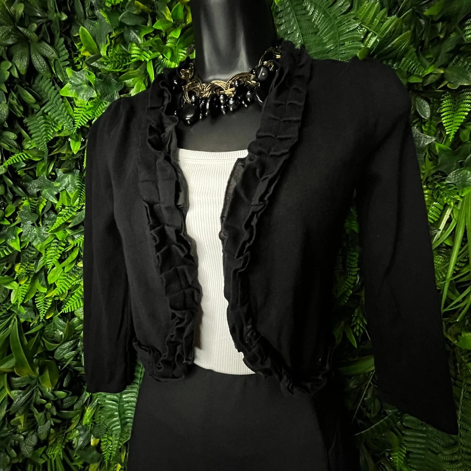 Women Sweater XS Black Duster Cardigan Shrug Knit Ruffle Neck The Limited 0547 - Image 3 of 4
