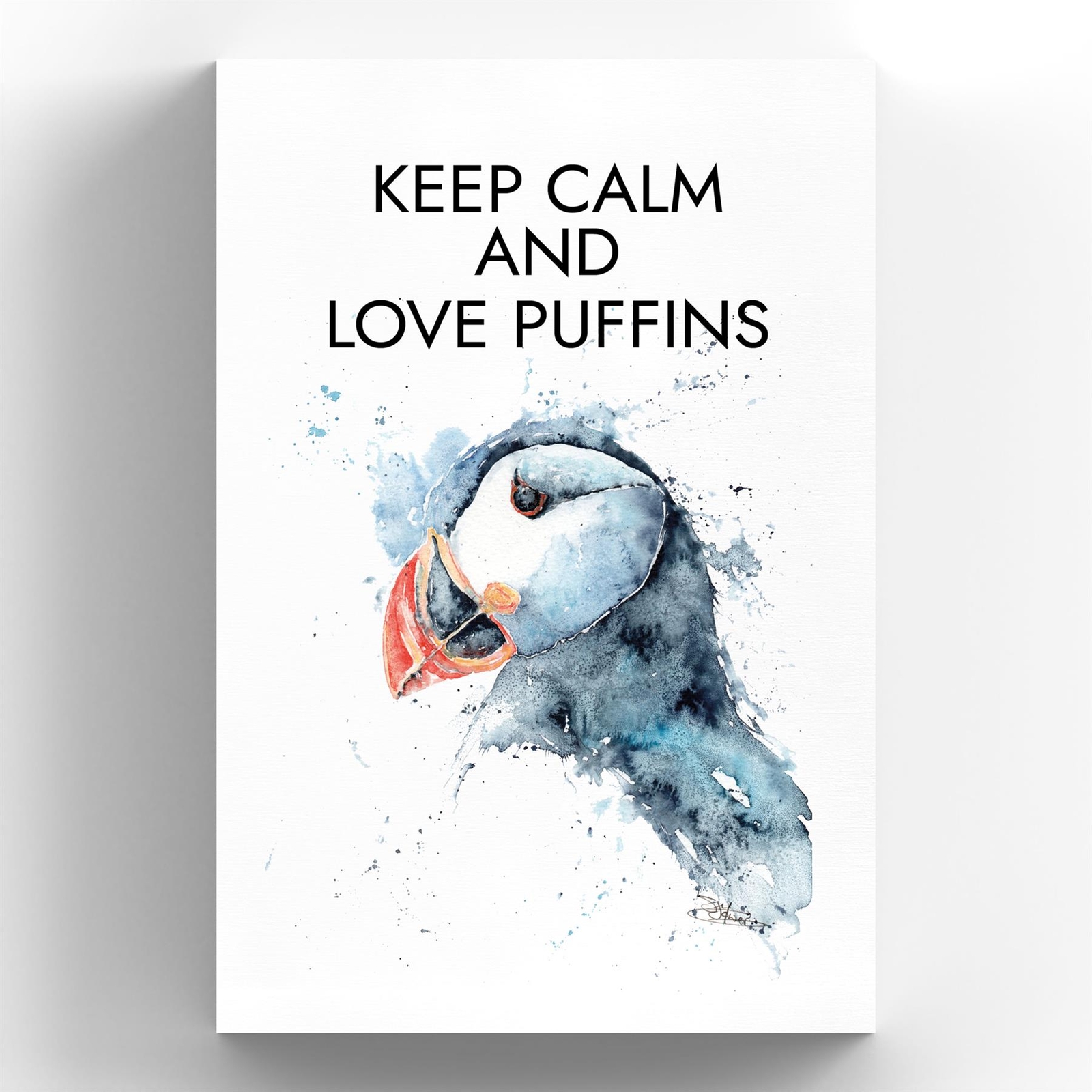 KEEP CALM PUFFIN SANDI MOWER WATERCOLOUR ARTWORK PRINTED ON WOODEN PLAQUE