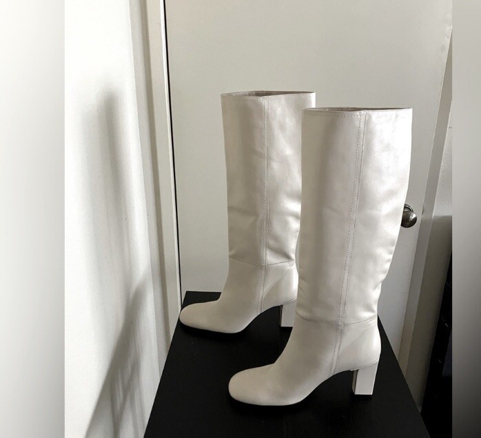 Zara knee high leather boots white cream blogger byfar