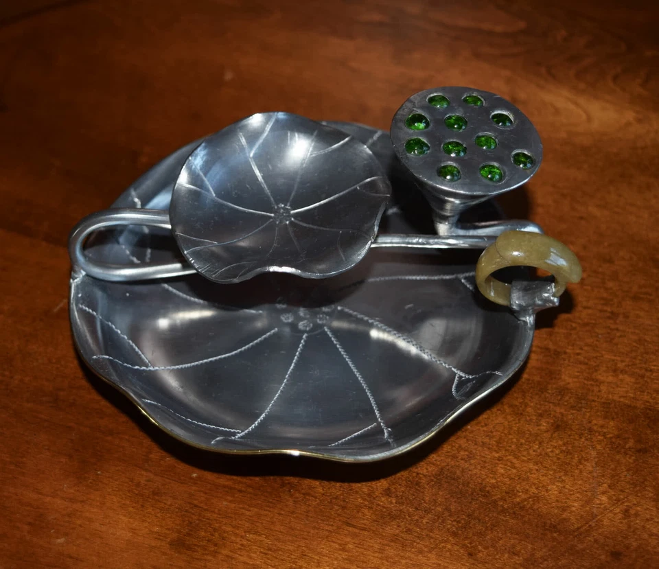 Chinese Pewter Brush Rest ~ Jade Handle ~ Lotus Flower Seeds Peridot Stones  - Image 3 of 4