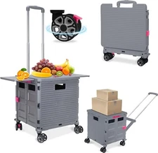 Folding Utility Cart Rolling Crate Tote Basket Box Storage Handcart on 4 Swivel