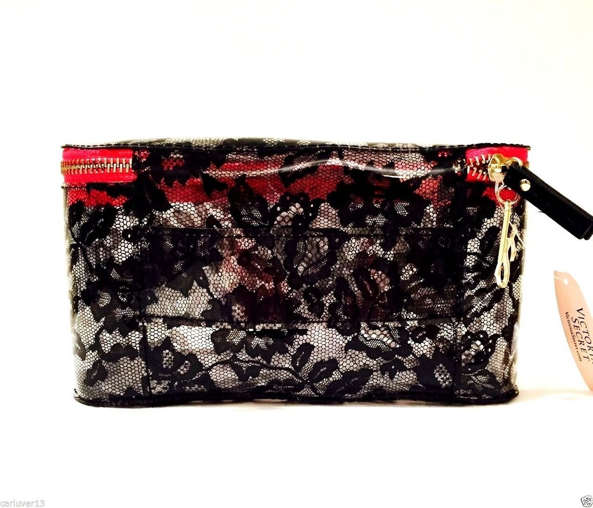 Victoria's Secret Makeup Cosmetic Bag Clear Black Lace Print Train