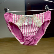 Vintage Silky Vertical Stripe Panty Pink Polyester Bikini Lace Briefs Sz.6/M