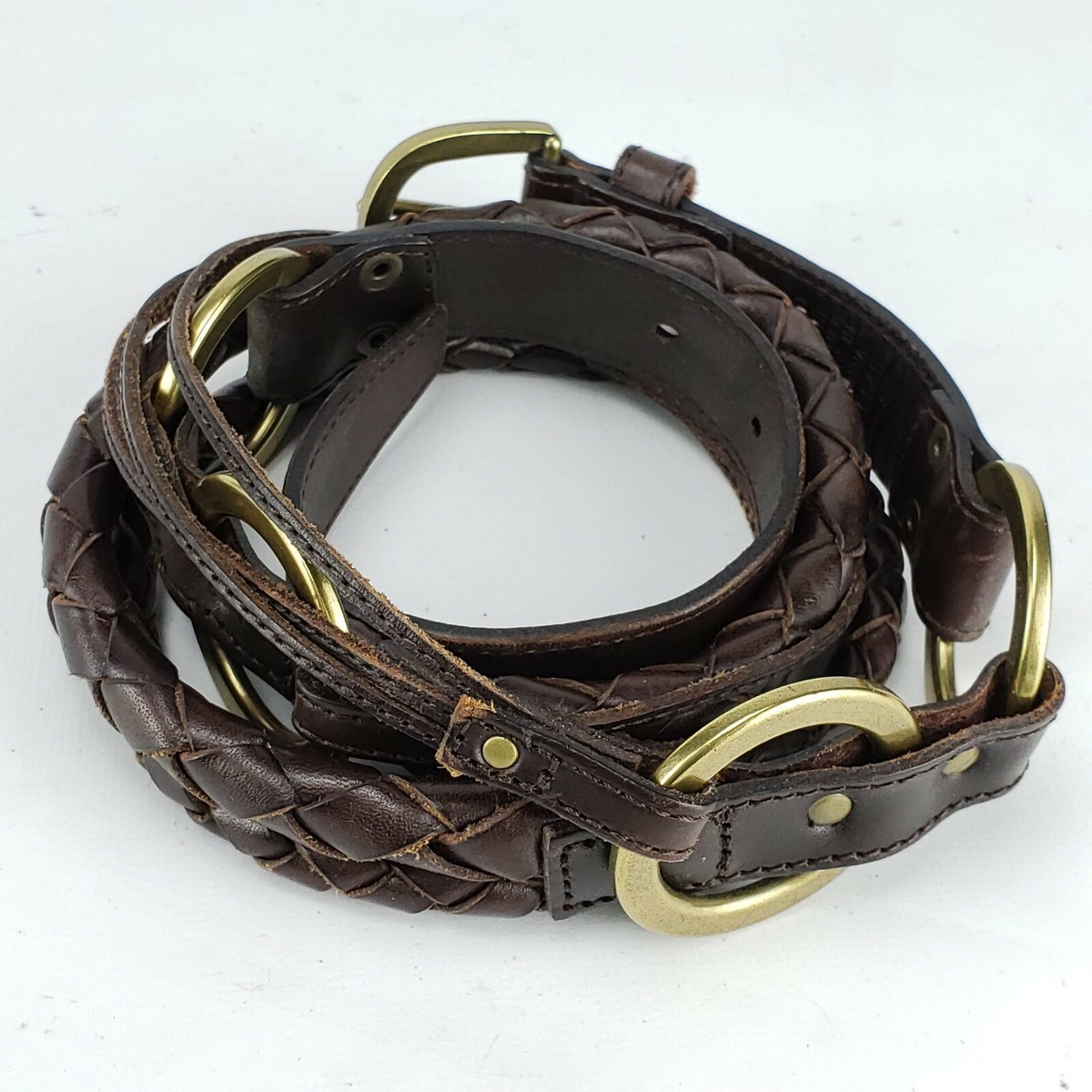 New TALBOTS Brown Leather Belt Boho Braided Brass Hardware  display picture 1
