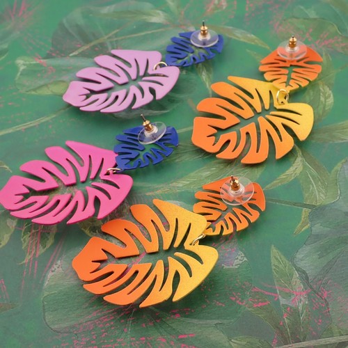 Lot de boucles d'oreilles percées pendantes feuille rose jaune violet orange fluo tropical vintage - Photo 4/5