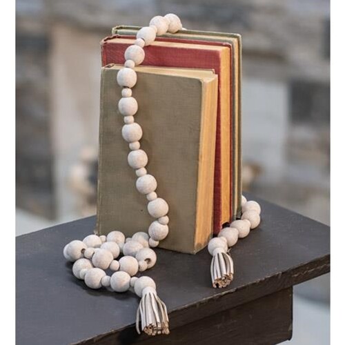 Primitive Country Farmhouse Distressed 60" Ivory Wood Beaded Garland W/ Tassels - Picture 1 of 1