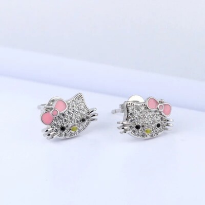 Hello Kitty Diamant Ohrringe Ohrstecker Bling Schmuck Sanrio Rosa Silber Geburtstag