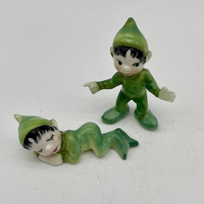 Set 2 Orin Porcelain Christmas Pixie Elf Figures Green Vintage Made in Japan