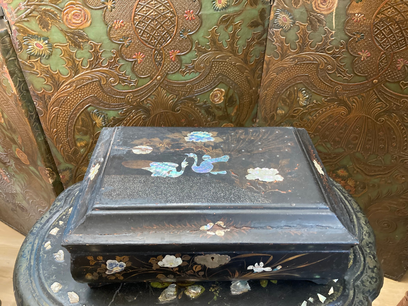 Antique Japanese lacquer sewing box with floral mother-of-pearl inlay