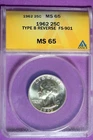 1962 - ANACS MS65 TYPE B REV FS-901 WASHINGTON QUARTER! #B28705