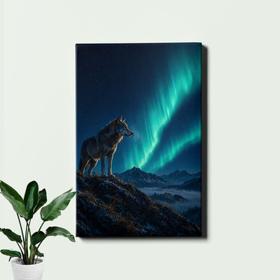 Wolf Night Mountain Aurora Landscape Framed Canvas Print 12x18inch
