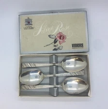 6 Vintage Viners Silver Rose Dessert Spoons silver plated in original box
