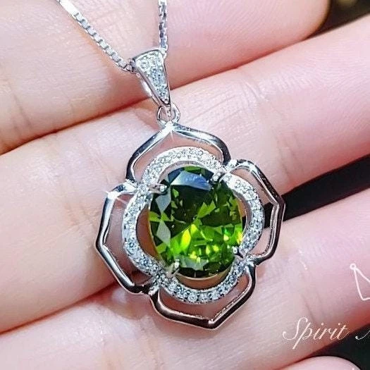 Sterling Silver Large Peridot Necklace , Green Flower of Life Necklace - Oval - Image 2 of 4