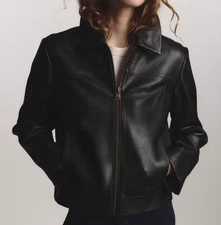 Quince Women's 100% Leather Cropped Zip-Front Jacket Black Size S NWT