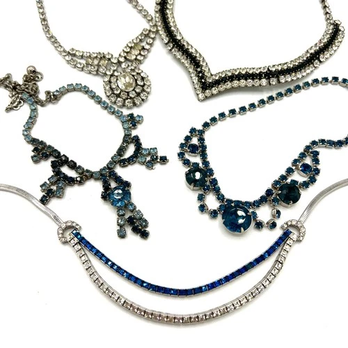 5pc Vintage Rhinestone Necklace Lot - Old Hollywood Blue & Clear Costume Jewelry