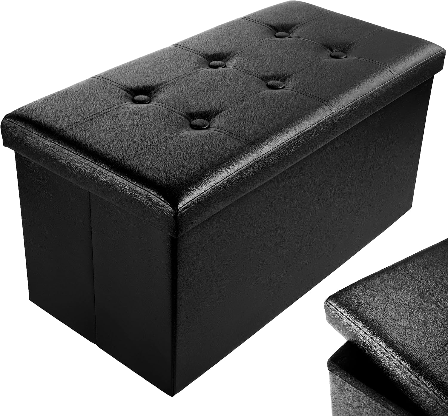 Nyxi Faux Leather 76 * 38 * 38Cm Black Ottoman Foldable Storage Boxes Seat Foot