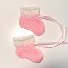 Pink Handmade Knitted Baby Booties Newborn 0-3 Months White Cuffed Low Top