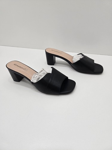 Greatonu Heeled Sandals Square Toe Sandals Slip On Chunky Block Mule Heel-Black - Picture 8 of 12