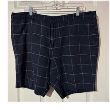 Michael Kors Men's Navy Plaid Linen Cotton Chino Shorts Flat Front Pockets Sz 38