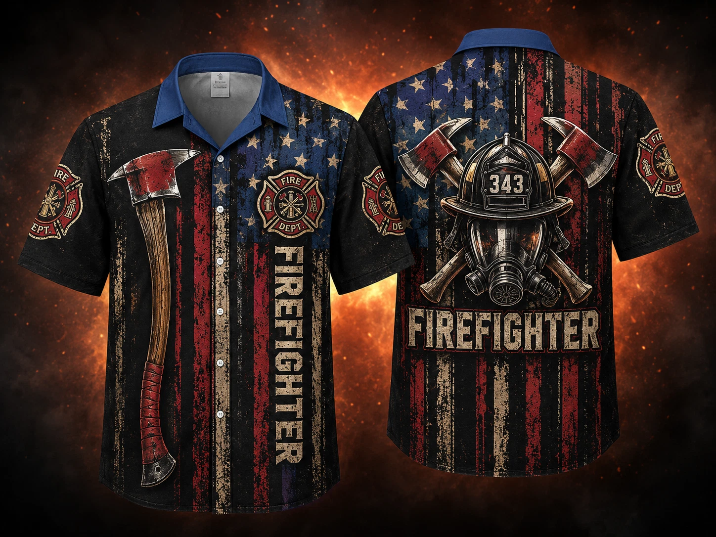 Firefighter American Flag Hawaiian Shirt Button Down Fire Department Vintage