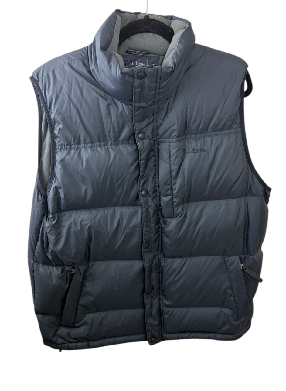 LL Bean Black Goose Down Fleece Lined Puffer Snap Zip Vest Size Large Outdoors