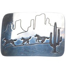 Vintage Navajo sterling silver horses/Saguaro cactus belt buckle