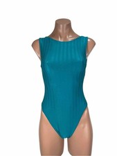 Vtg 80s Marika Aqua sz S Ribbed Shiny Leotard Nylon Spandex Aerobics